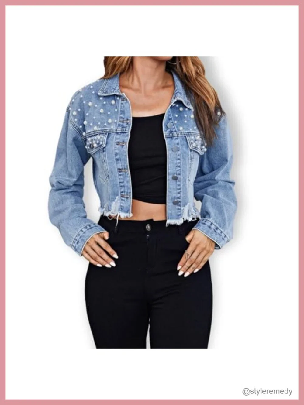 Pearl Beaded Cropped Denim Jacket Women Distressed Frayed Hem Shacket